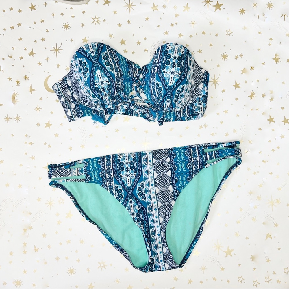 Xhilaration Blue Printed Strapless Bikini Set